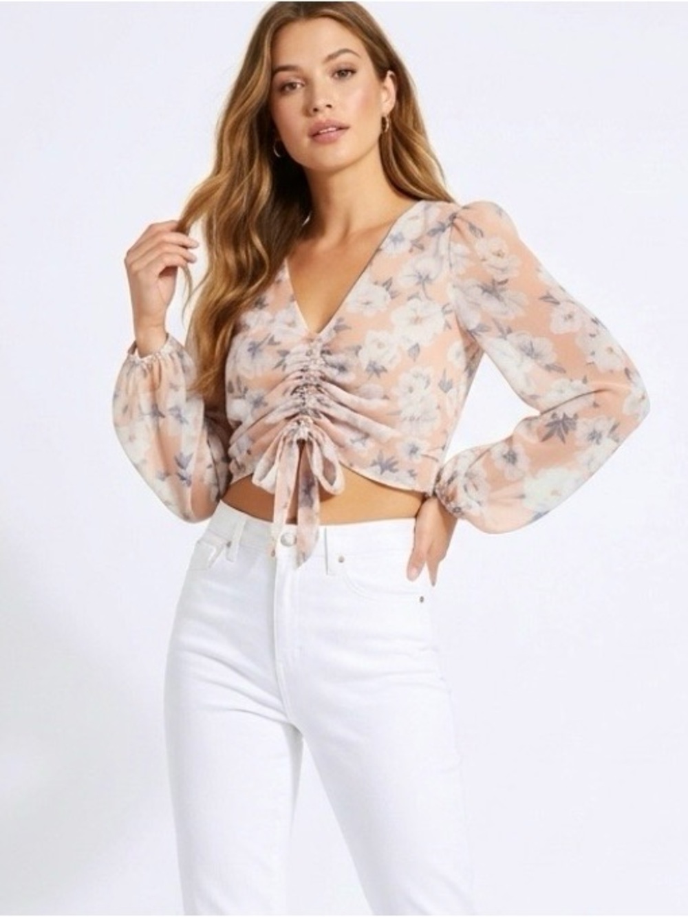 Sweet Lemon Peach Floral Ruched Front Chiffon Crop Top M Cottagecore
